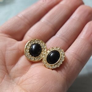 Trifari Oval Black Center Surrounded By Rhinestones and Gold Stud Earrings